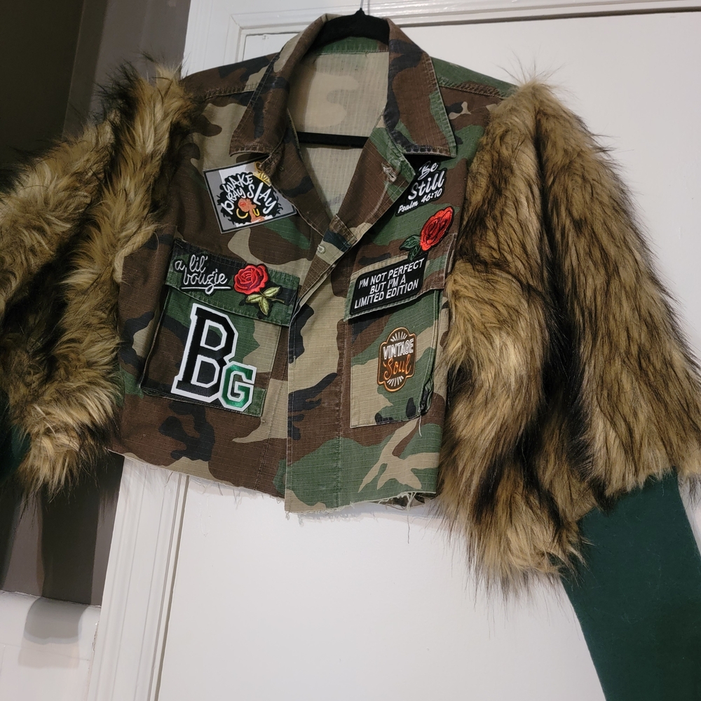 Custom Camouflage Jacket with Faux Fur Sleeves